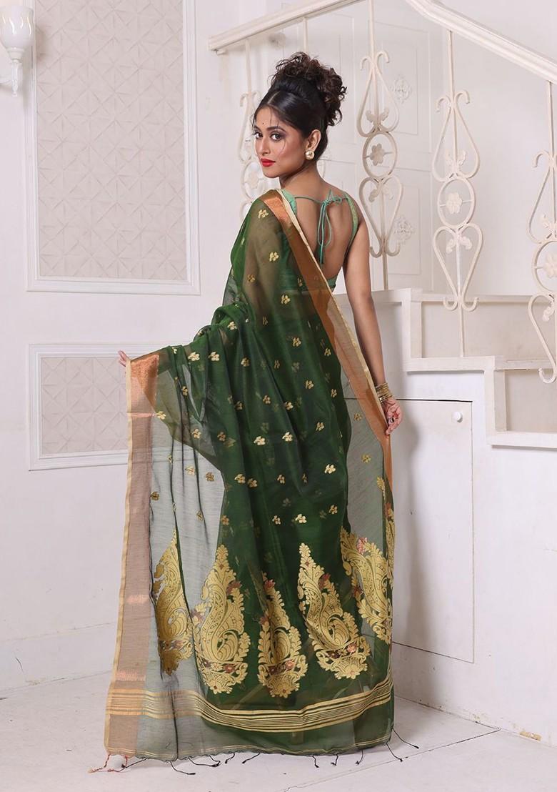Green Ethnic Motifs Cotton Blend Saree Set