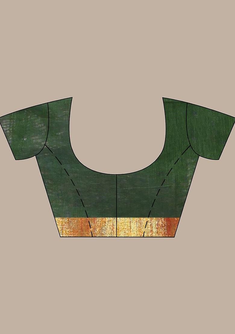 Green Ethnic Motifs Cotton Blend Saree Set