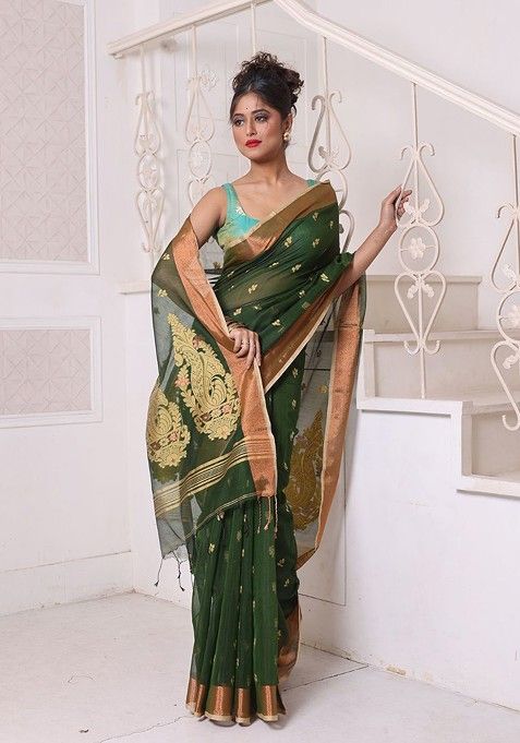 Green Ethnic Motifs Cotton Blend Saree Set