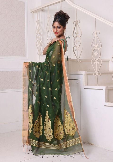 Green Ethnic Motifs Cotton Blend Saree Set