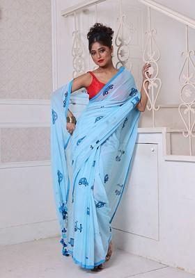 Blue Abstract Print Mulmul Cotton Saree Set
