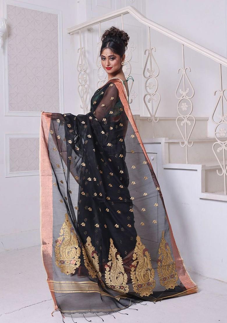 Black Ethnic Motifs Cotton Blend Saree Set