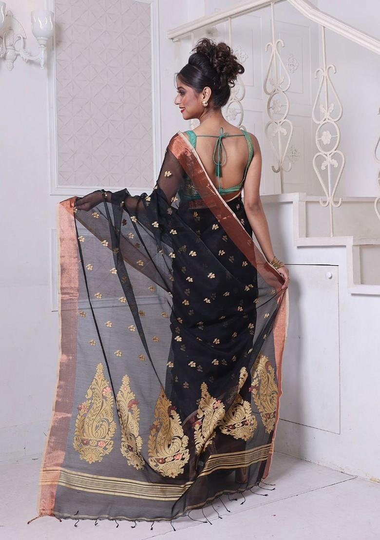 Black Ethnic Motifs Cotton Blend Saree Set