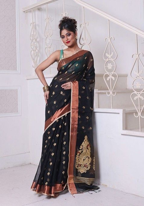 Black Ethnic Motifs Cotton Blend Saree Set