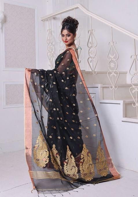 Black Ethnic Motifs Cotton Blend Saree Set