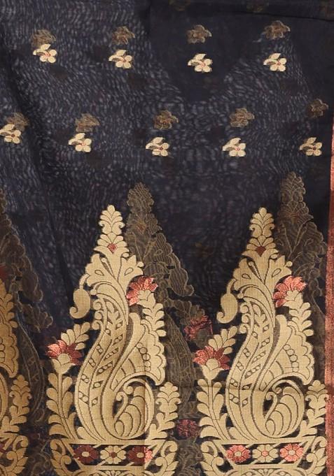 Black Ethnic Motifs Cotton Blend Saree Set