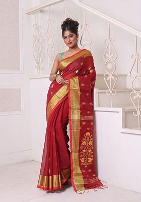Maroon Ethnic Motifs Cotton Blend Saree Set