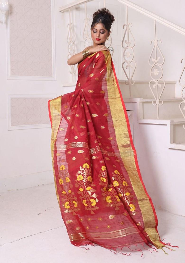 Maroon Ethnic Motifs Cotton Blend Saree Set