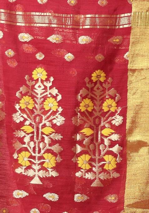 Maroon Ethnic Motifs Cotton Blend Saree Set
