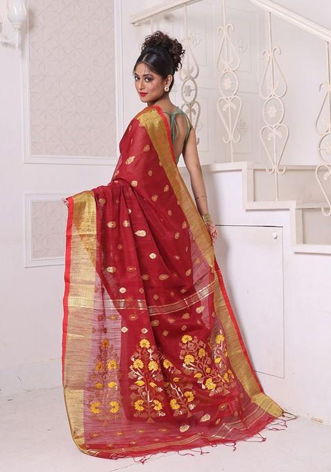 Maroon Ethnic Motifs Cotton Blend Saree Set