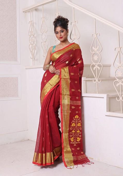 Maroon Ethnic Motifs Cotton Blend Saree Set
