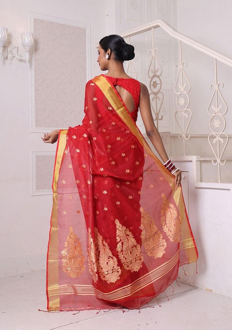 Red Ethnic Motifs Cotton Blend Saree Set