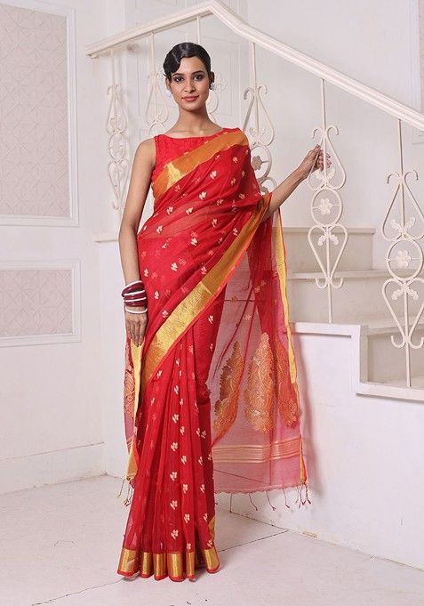 Red Ethnic Motifs Cotton Blend Saree Set