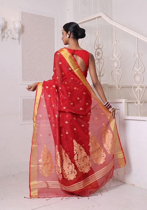 Red Ethnic Motifs Cotton Blend Saree Set