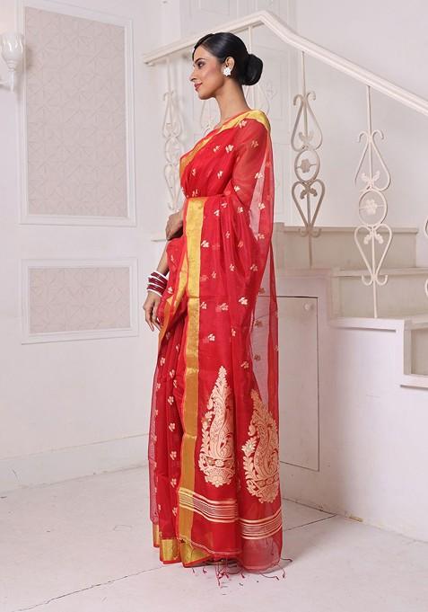 Red Ethnic Motifs Cotton Blend Saree Set