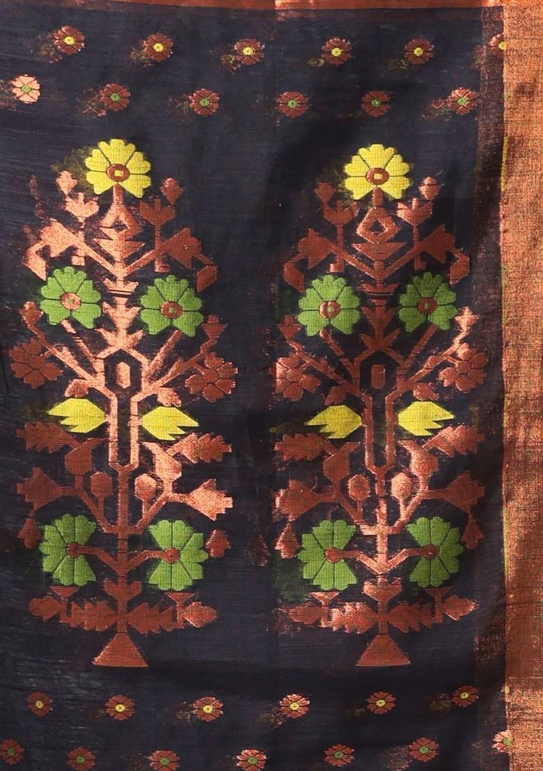 Black Ethnic Motifs Cotton Blend Saree Set