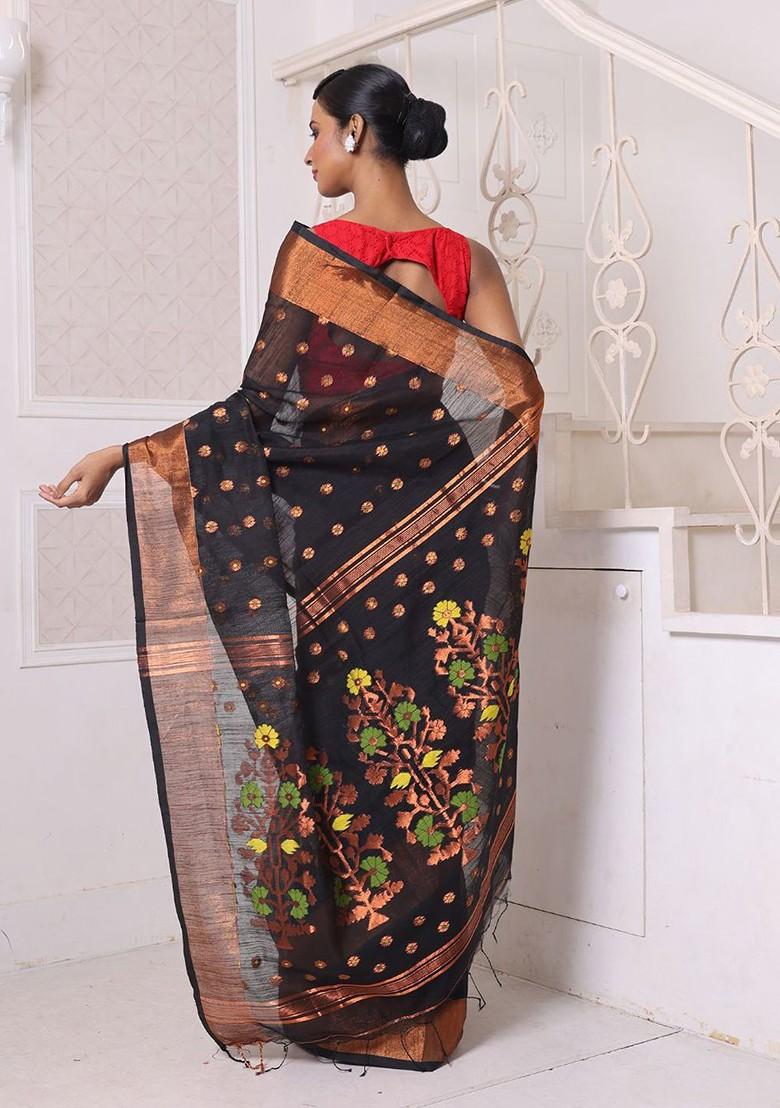 Black Ethnic Motifs Cotton Blend Saree Set