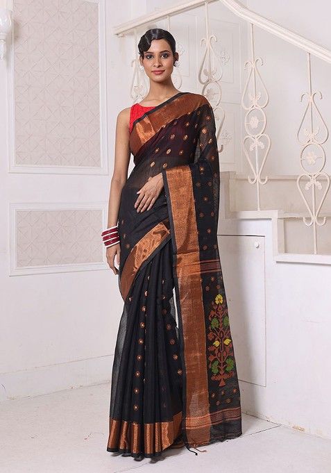 Black Ethnic Motifs Cotton Blend Saree Set