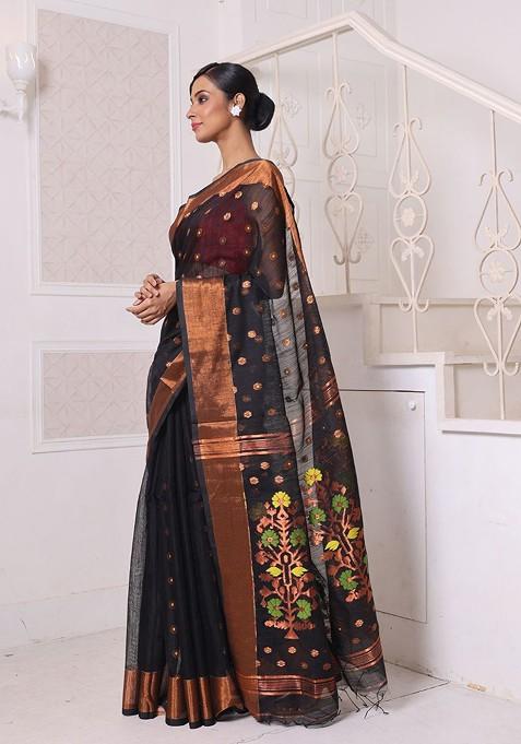 Black Ethnic Motifs Cotton Blend Saree Set