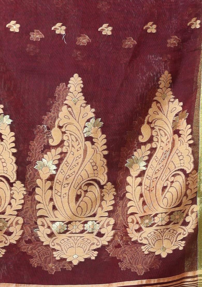 Maroon Ethnic Motifs Cotton Blend Saree Set