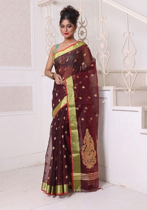 Maroon Ethnic Motifs Cotton Blend Saree Set