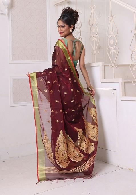 Maroon Ethnic Motifs Cotton Blend Saree Set