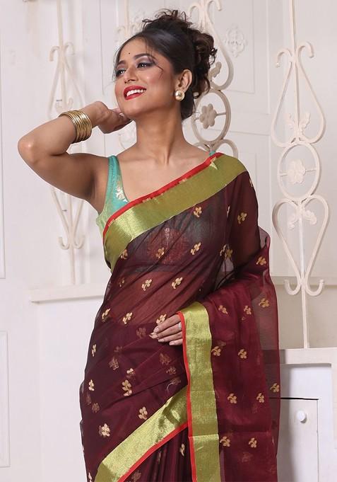 Maroon Ethnic Motifs Cotton Blend Saree Set
