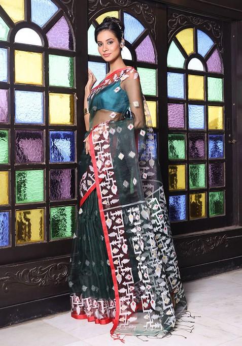 Green Ethnic Motifs Muslin Saree Set