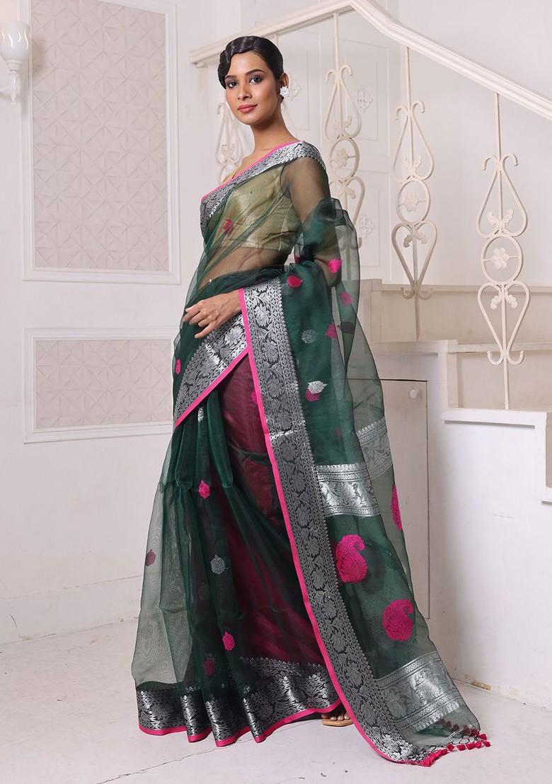 Green Ethnic Motifs Muslin Saree Set
