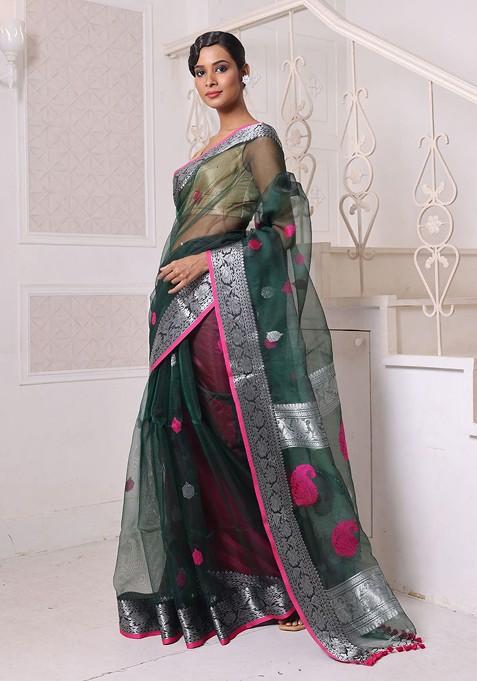 Green Ethnic Motifs Muslin Saree Set