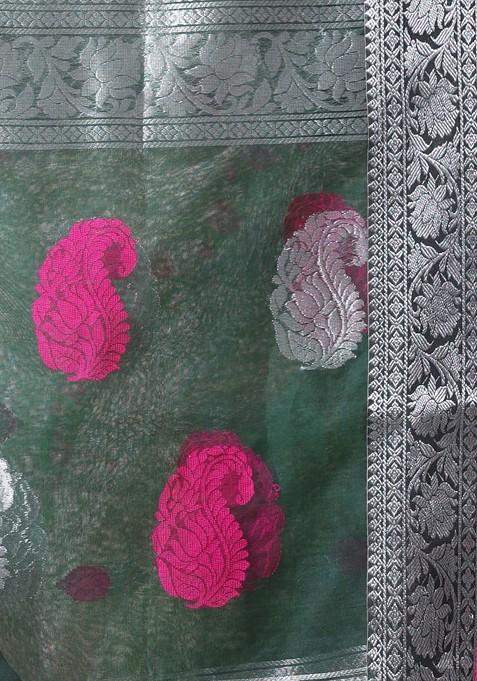 Green Ethnic Motifs Muslin Saree Set