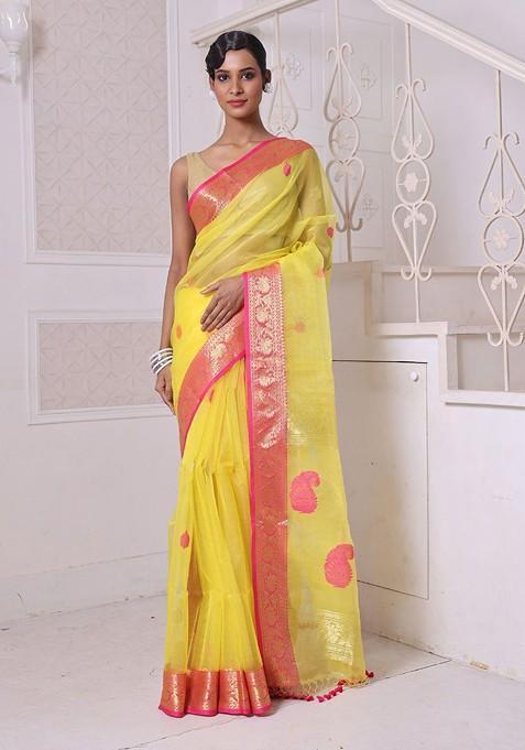 Yellow Woven Muslin Saree Set