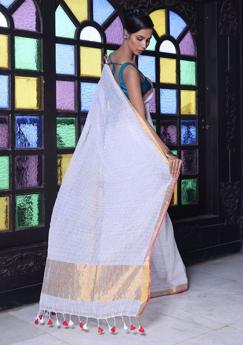 White Checked Print Linen Saree Set - Indya