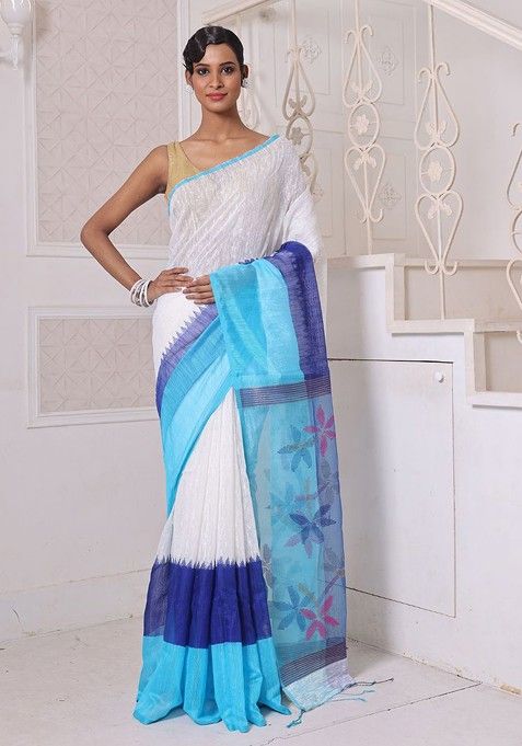 Off White Colorblocked Pure Silk Saree Set