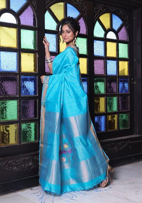Blue Ethnic Motifs Cotton Blend Saree Set