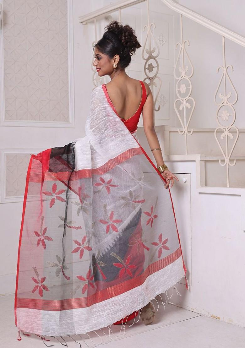 Off White Printed Pure Silk Saree Set