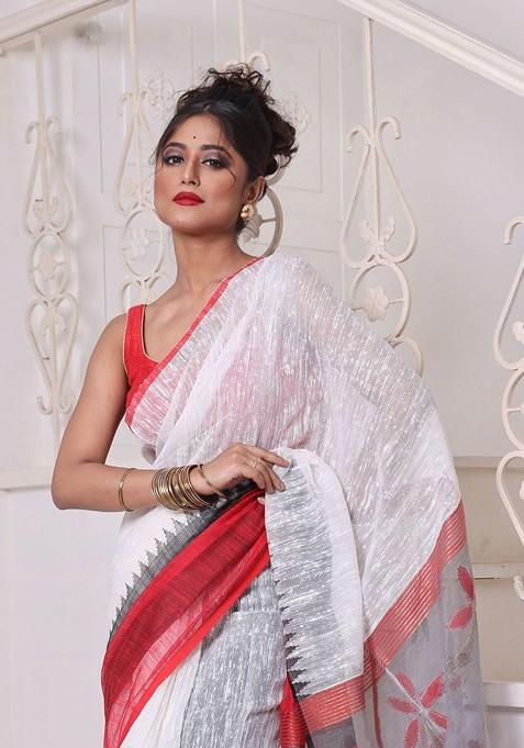 Off White Printed Pure Silk Saree Set