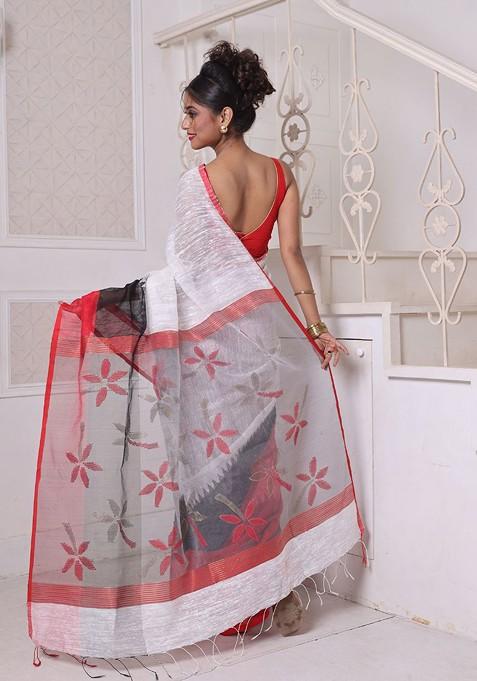 Off White Printed Pure Silk Saree Set