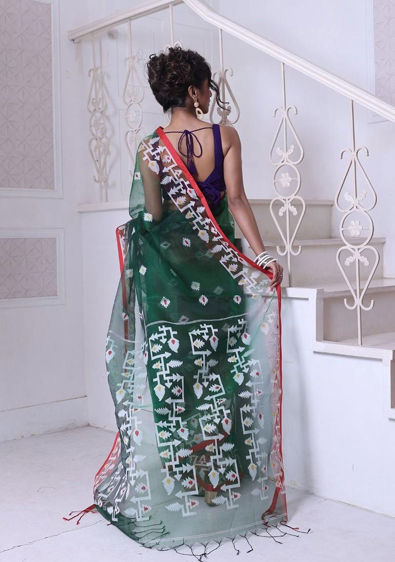 Green Ethnic Motifs Muslin Saree Set