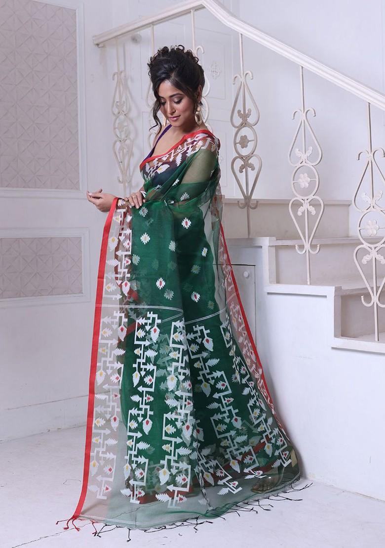 Green Ethnic Motifs Muslin Saree Set