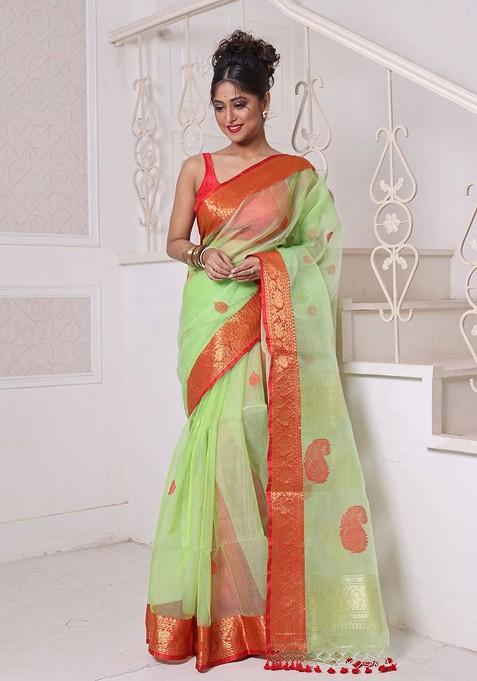 Green Ethnic Motifs Muslin Saree Set