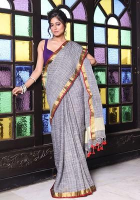 Grey Checked Print Linen Saree Set