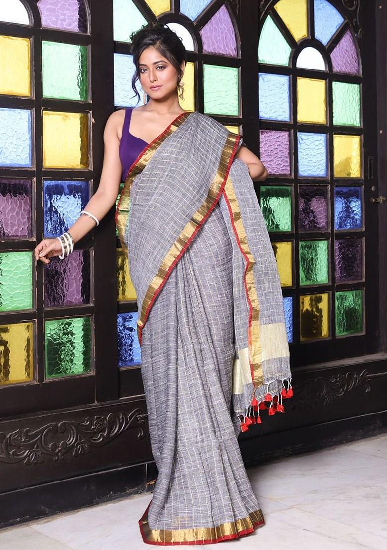 Grey Checked Print Linen Saree Set