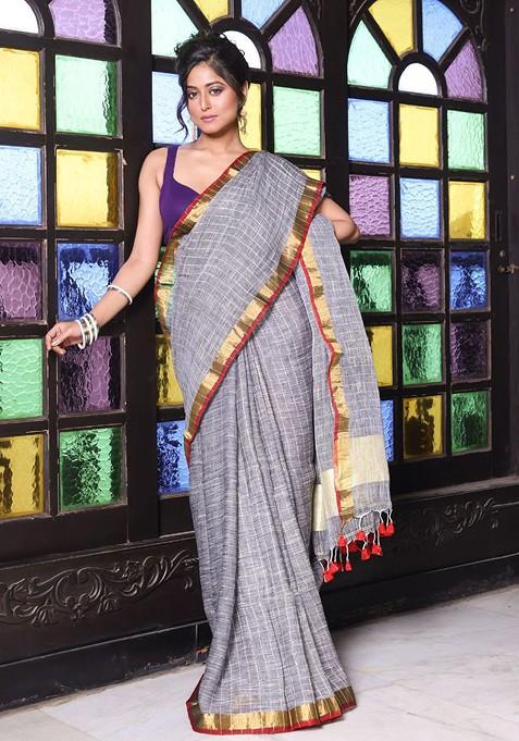 Grey Checked Print Linen Saree Set