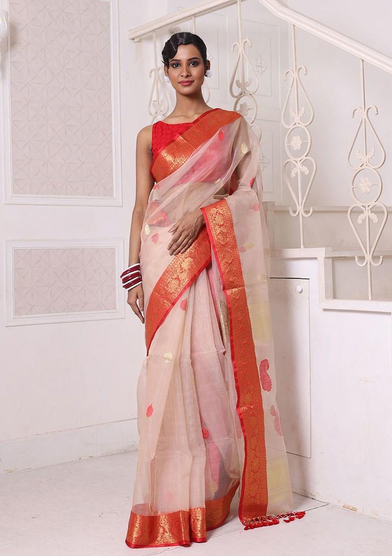 Beige Ethnic Motifs Muslin Saree Set