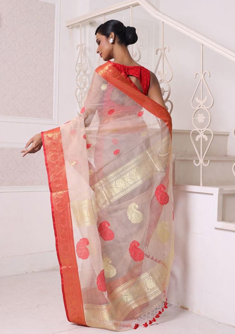 Beige Ethnic Motifs Muslin Saree Set