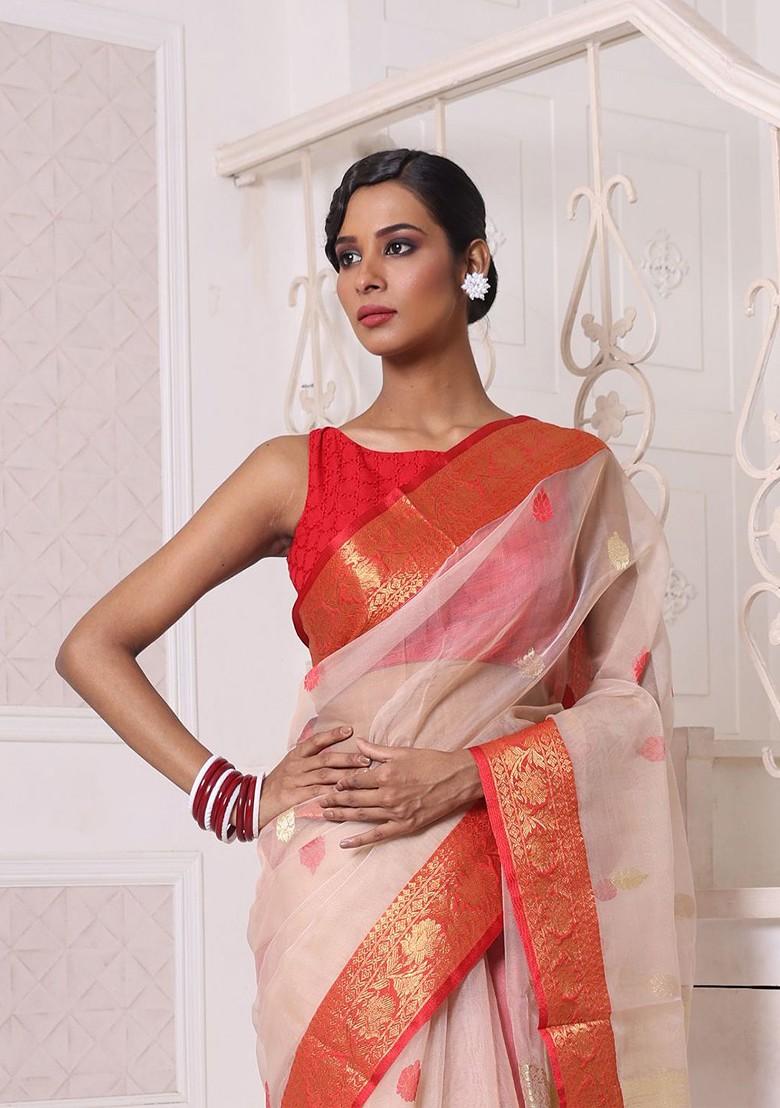 Beige Ethnic Motifs Muslin Saree Set