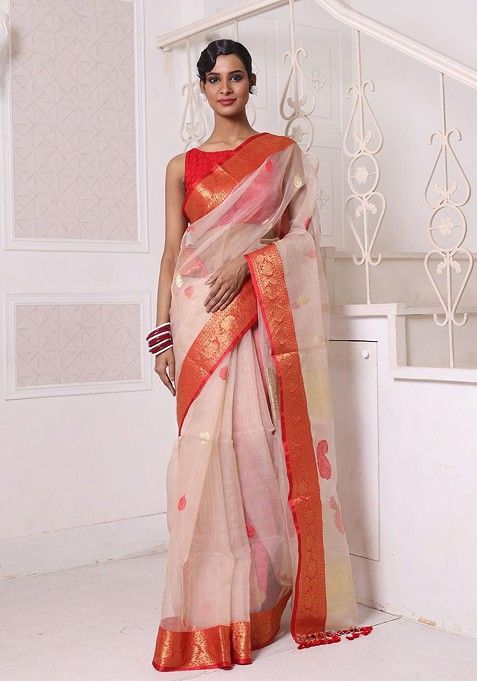 Beige Ethnic Motifs Muslin Saree Set