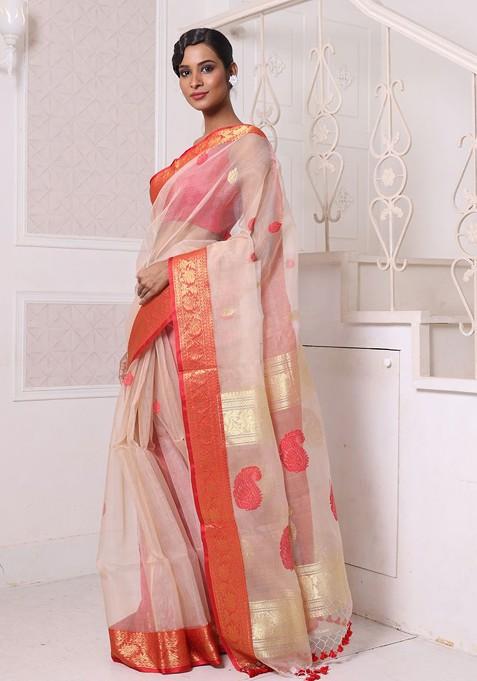 Beige Ethnic Motifs Muslin Saree Set