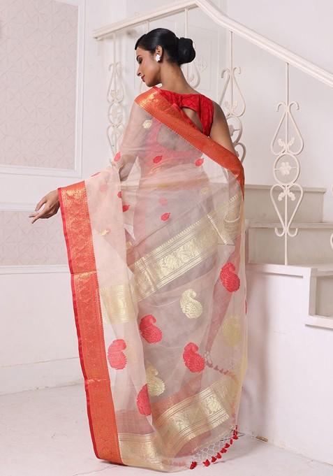Beige Ethnic Motifs Muslin Saree Set